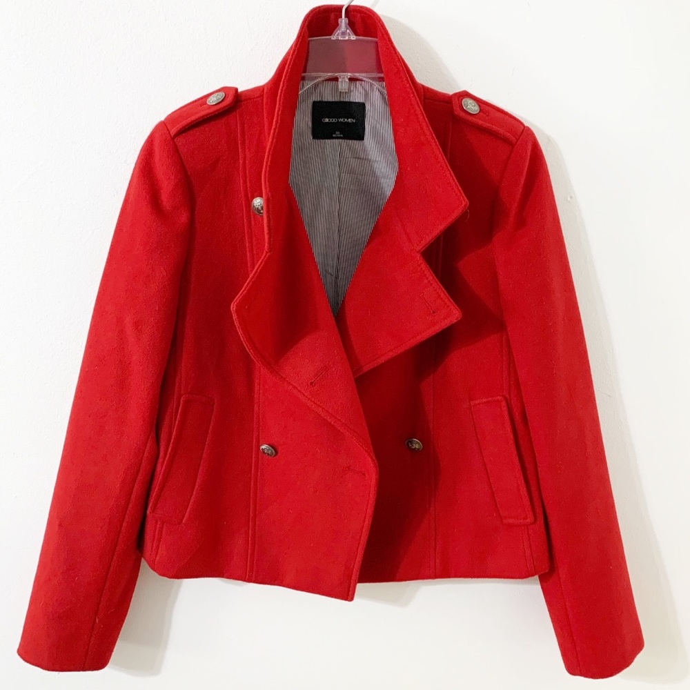 G2000 Fully Lined Cropped Double Breasted Peacoat Jacket Slip Front Pocket Red🟥